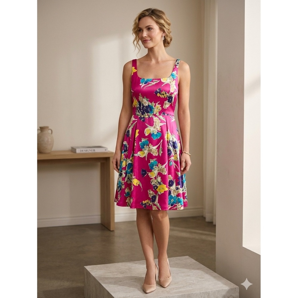 Lauren Ralph Lauren Pink Floral Fit & Flare Midi Dress Square Neck Size 16 NWT